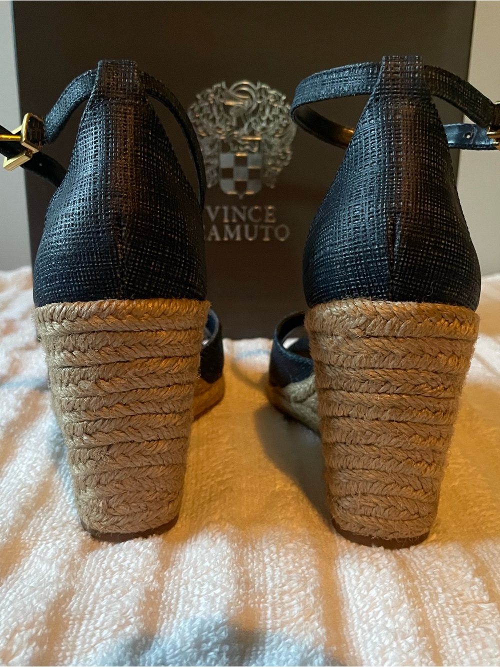 Vince Camuto Navy Linen-Embossed Espadrille Wedge Sandals with Ankle Strap - Picture 3 of 4